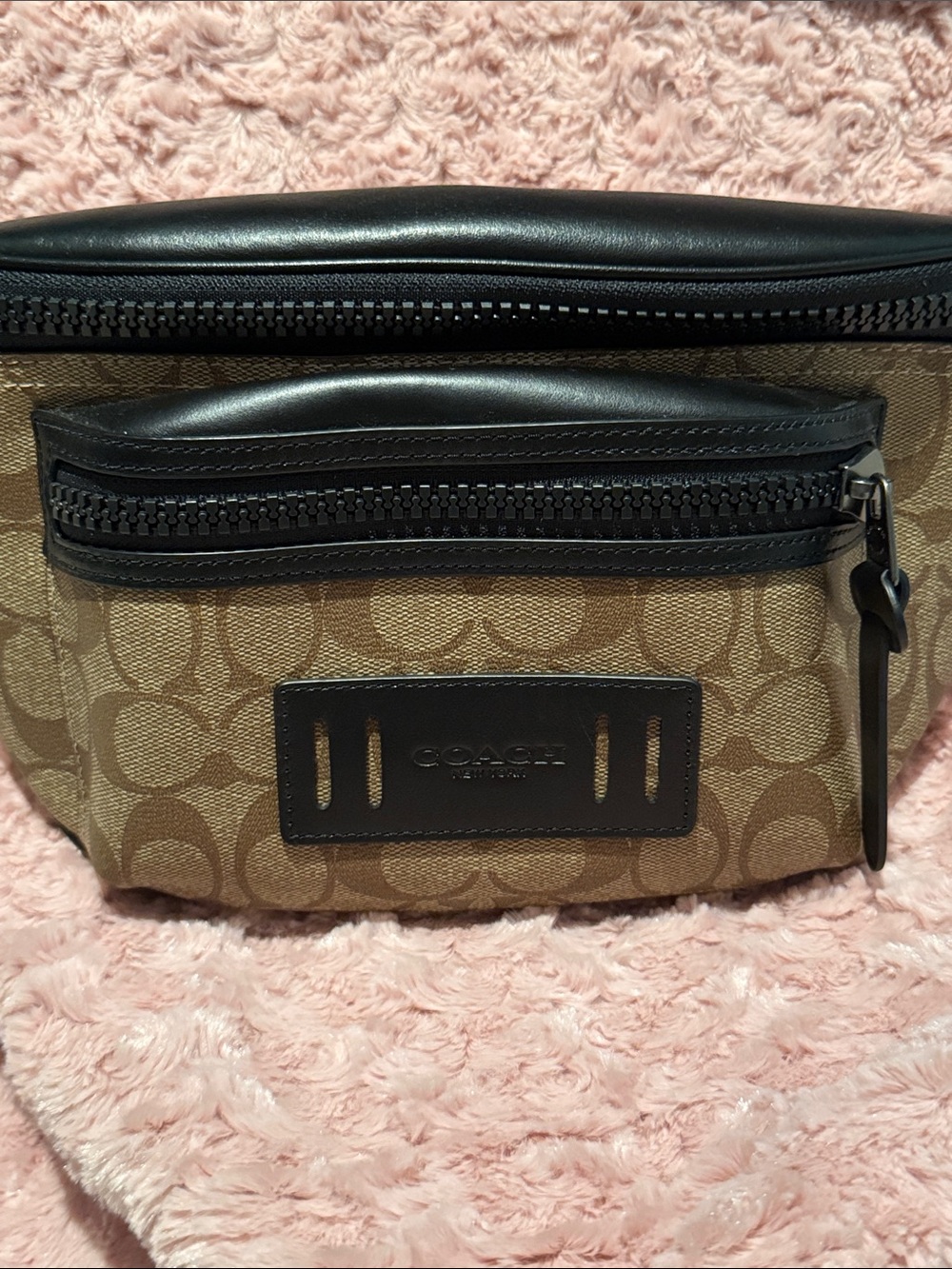NWT Coach Tan Signature Canvas Waist Bag with Black Trim
